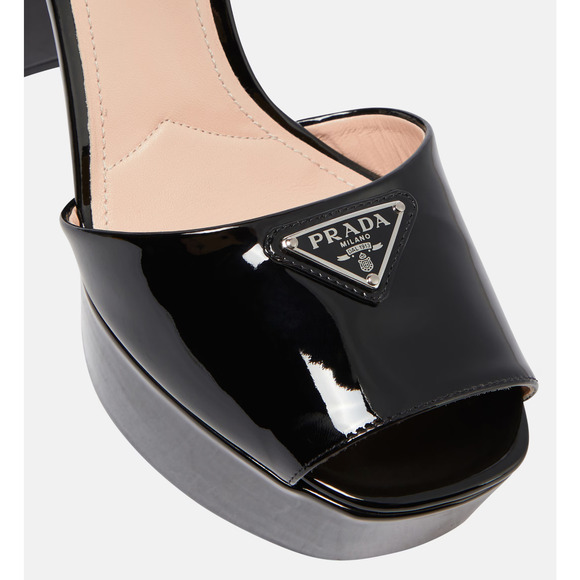 Prada 115 Black Patent Leather Platform Sandal Ankle Strap Block Heel Pump 40 - Picture 8 of 16